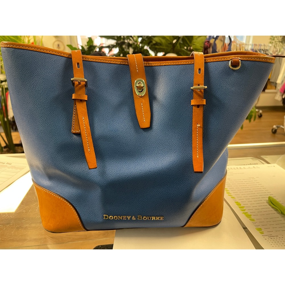 Dooney & Bourke Blue Pebbled Shelby Shopper With Tan Trim Chevron Lining